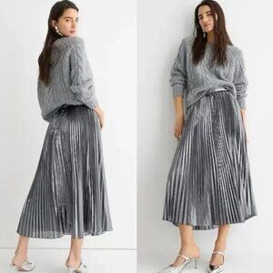 NWT J.Crew Pleated Silver Lame Midi Skirt, Size 4 BM900